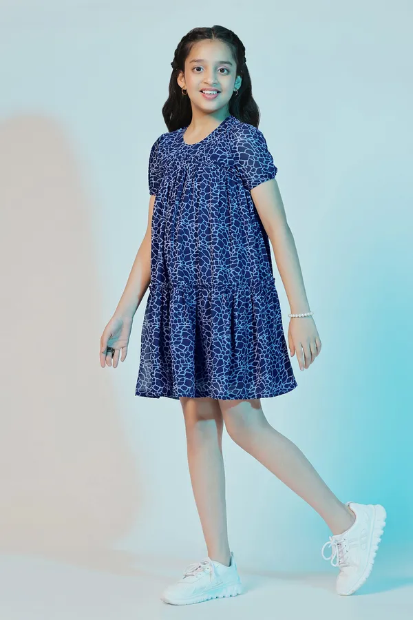 Blue_Georgette_Animal_Printed_Above_Knee_Length_Dress_For_Girls
