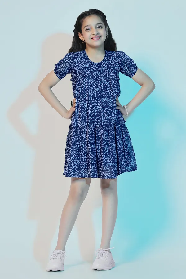 Blue_Georgette_Animal_Printed_Above_Knee_Length_Dress_For_Girls