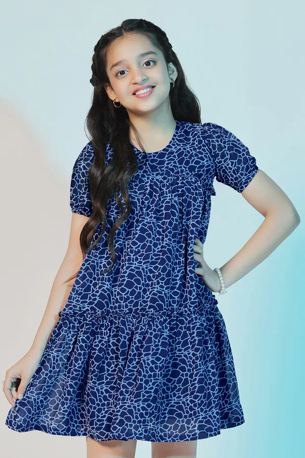 Blue_Georgette_Animal_Printed_Above_Knee_Length_Dress_For_Girls