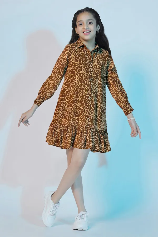 Brown_Georgette_Animal_Printed_Above_Knee_Length_Dress_For_Girls