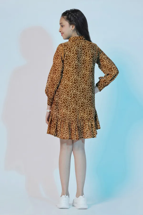 Brown_Georgette_Animal_Printed_Above_Knee_Length_Dress_For_Girls