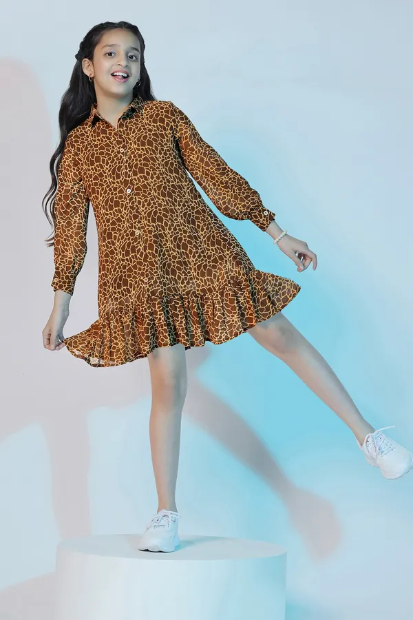 Brown_Georgette_Animal_Printed_Above_Knee_Length_Dress_For_Girls
