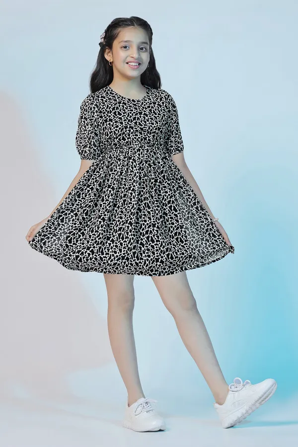 Black_Georgette_Animal_Printed_Above_Knee_Length_Dress_For_Girls