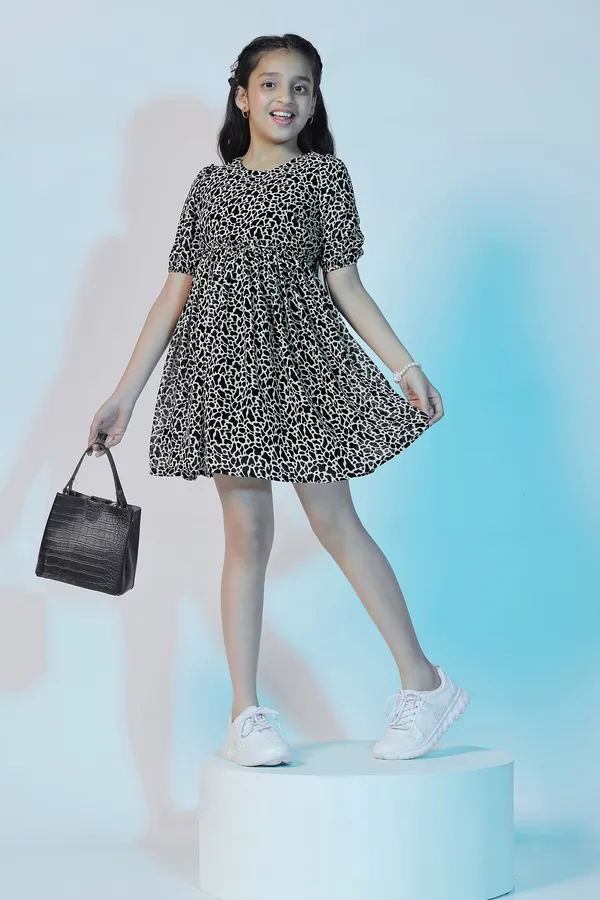Black_Georgette_Animal_Printed_Above_Knee_Length_Dress_For_Girls