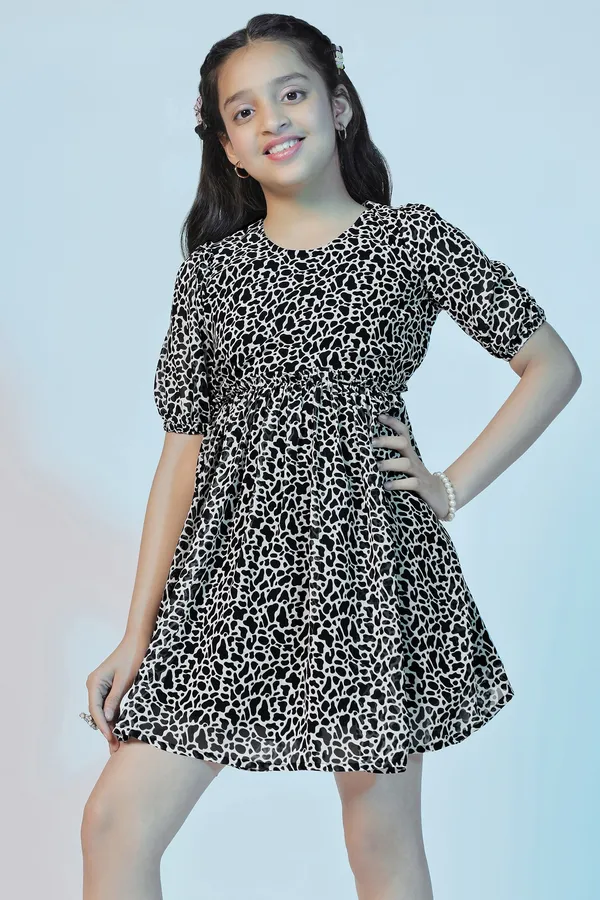 Black_Georgette_Animal_Printed_Above_Knee_Length_Dress_For_Girls