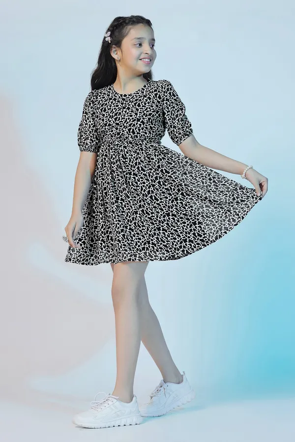 Black_Georgette_Animal_Printed_Above_Knee_Length_Dress_For_Girls