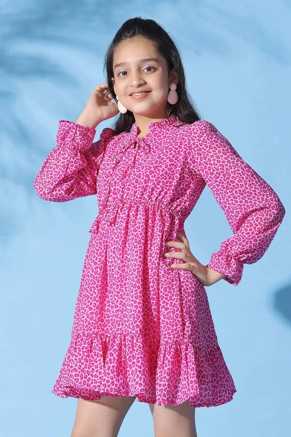 Pink_Georgette_Animal_Printed_Above_Knee_Length_Dress_For_Girls