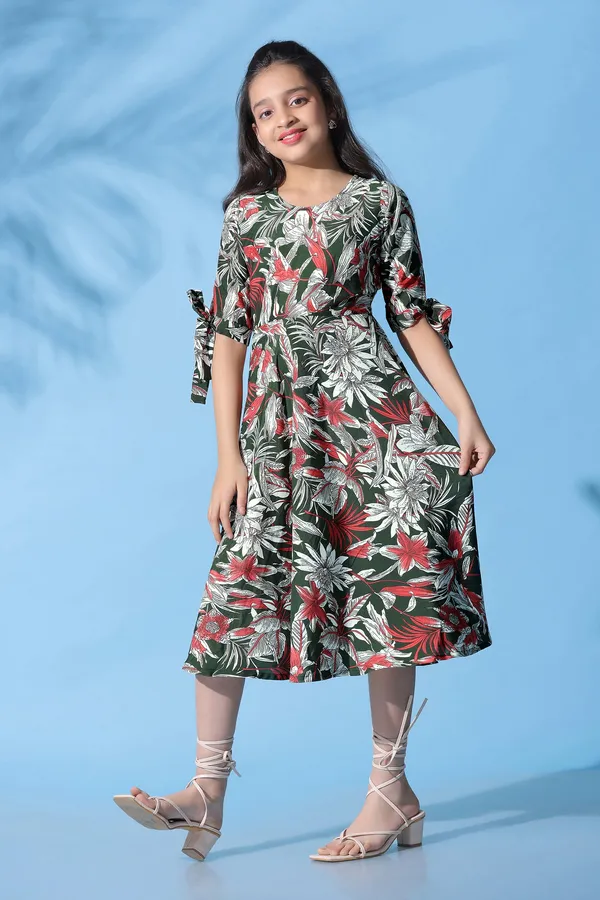 Green_Muslin_Floral_Printed_Calf_Length_Dress_For_Girls