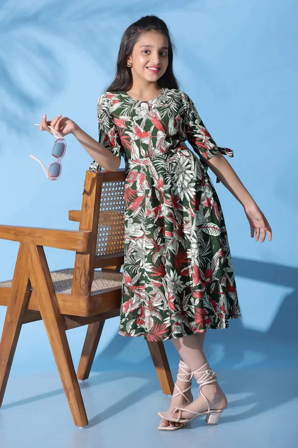 Green_Muslin_Floral_Printed_Calf_Length_Dress_For_Girls