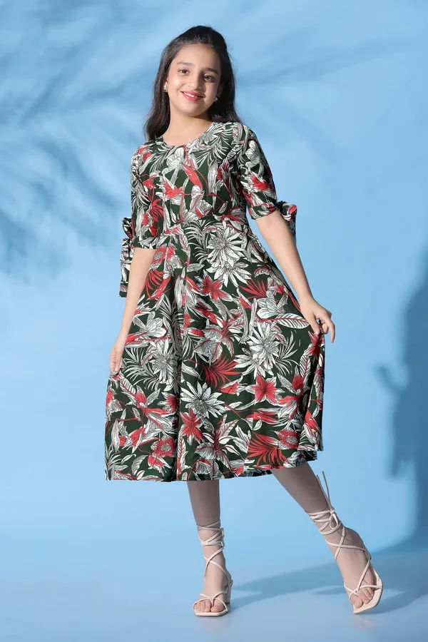 Green_Muslin_Floral_Printed_Calf_Length_Dress_For_Girls
