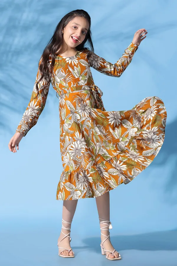 Mustard_Muslin_All_Over_Printed_Calf_Length_Dress_For_Girls