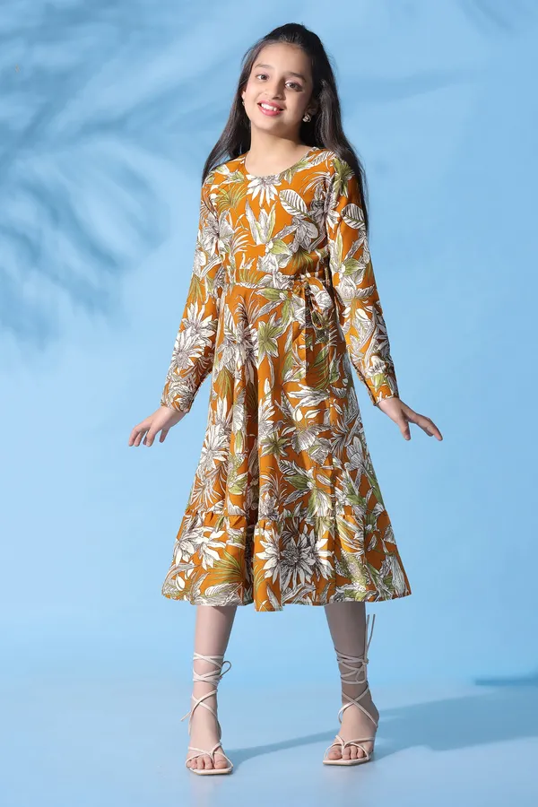 Mustard_Muslin_All_Over_Printed_Calf_Length_Dress_For_Girls