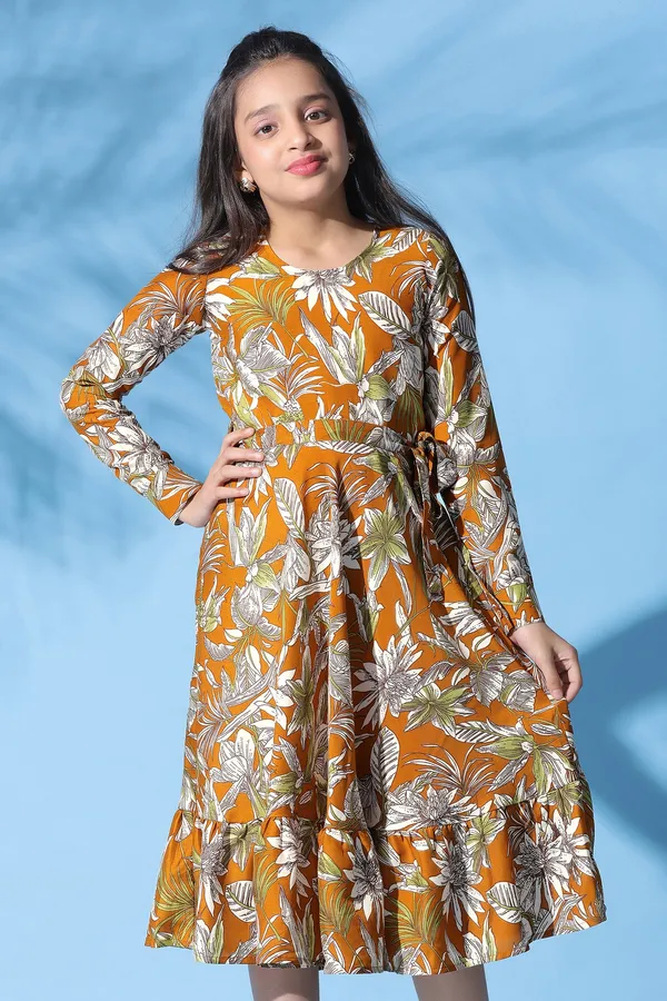 Mustard_Muslin_All_Over_Printed_Calf_Length_Dress_For_Girls