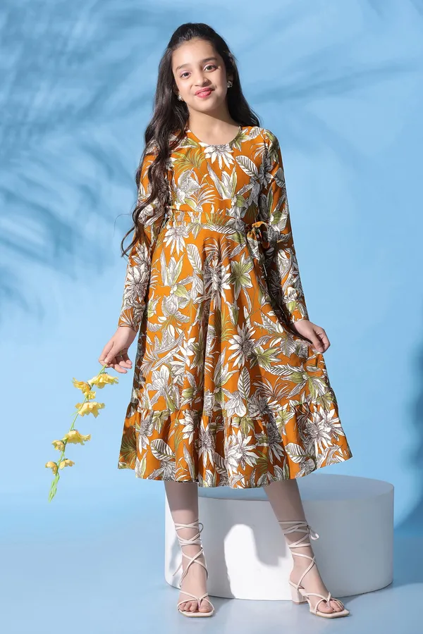 Mustard_Muslin_All_Over_Printed_Calf_Length_Dress_For_Girls
