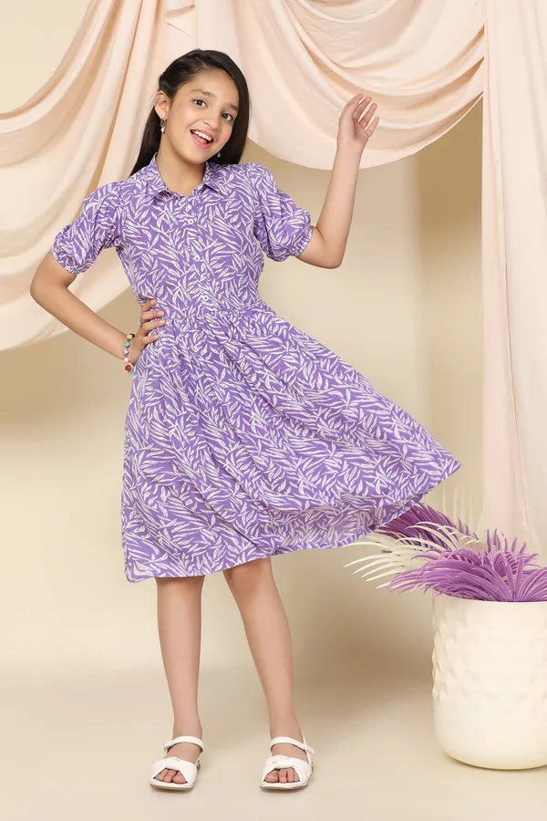 Purple_Bsy_Polyester_Leaf_Printed_Knee_Length_Dress_For_Girls