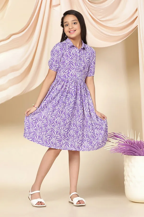 Purple_Bsy_Polyester_Leaf_Printed_Knee_Length_Dress_For_Girls
