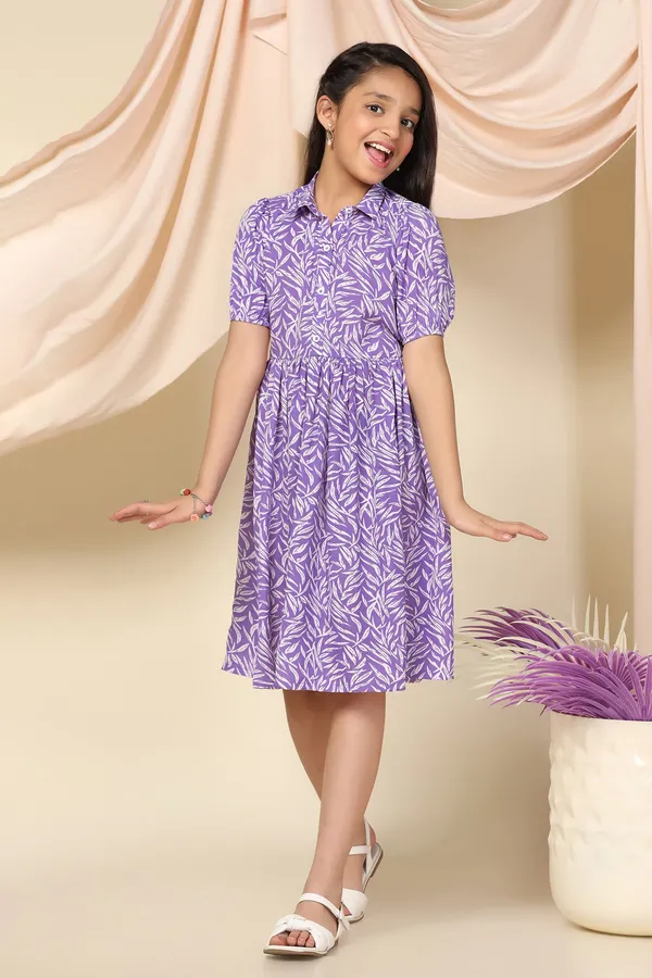 Purple_Bsy_Polyester_Leaf_Printed_Knee_Length_Dress_For_Girls