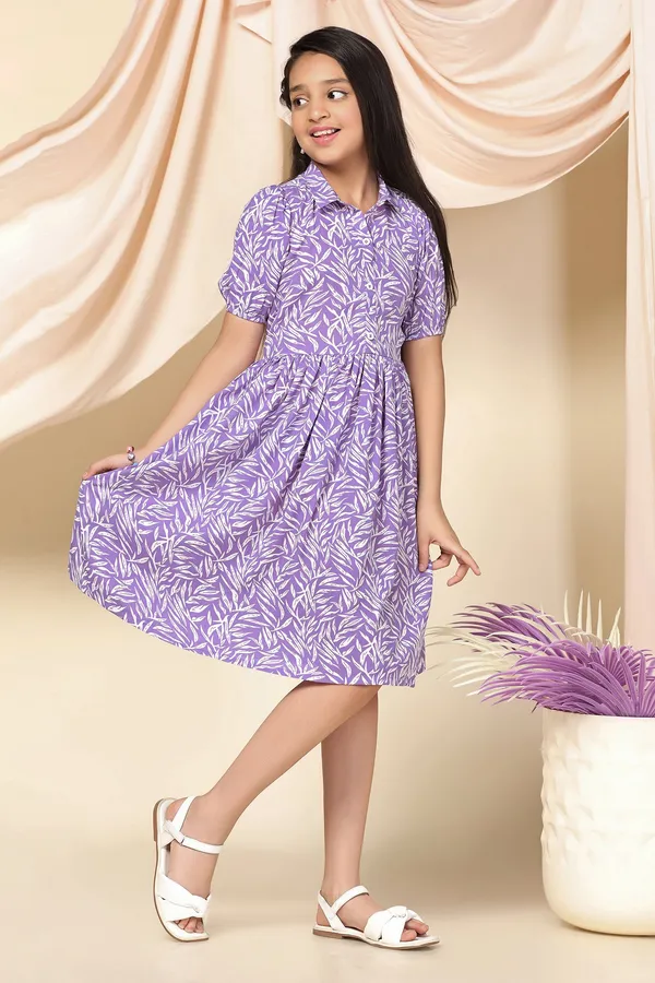 Purple_Bsy_Polyester_Leaf_Printed_Knee_Length_Dress_For_Girls