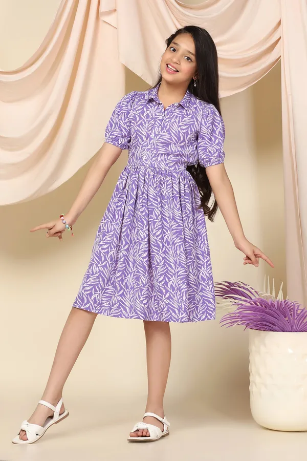 Purple_Bsy_Polyester_Leaf_Printed_Knee_Length_Dress_For_Girls
