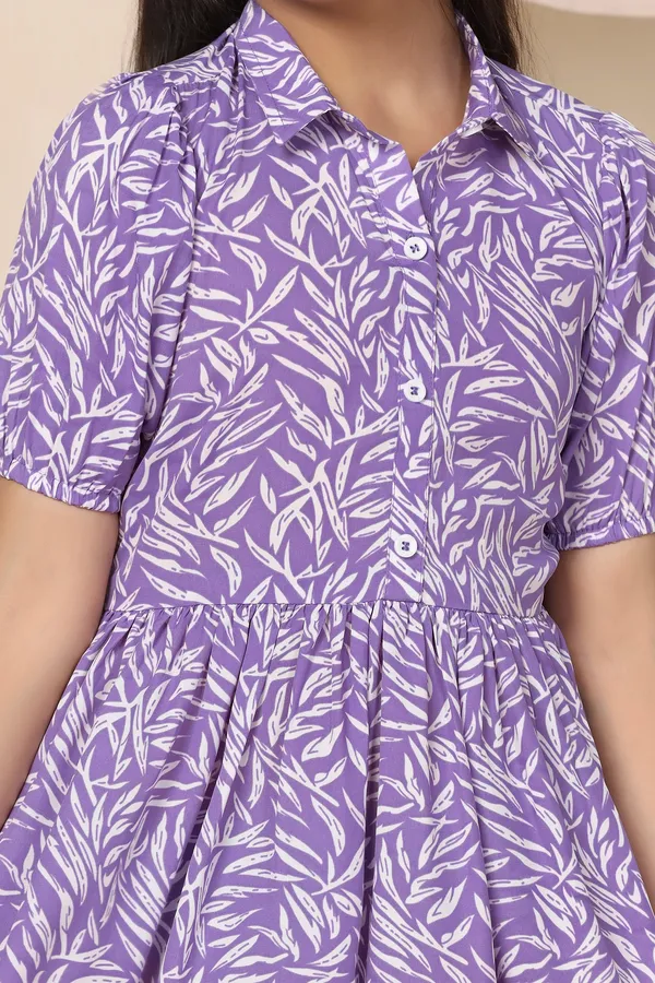 Purple_Bsy_Polyester_Leaf_Printed_Knee_Length_Dress_For_Girls
