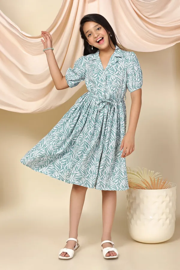 Sea_Green_Bsy_Leaf_Printed_Fit_And_Flare_Knee_Length_Dress_For_Girls