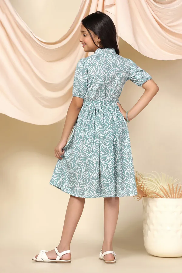 Sea_Green_Bsy_Leaf_Printed_Fit_And_Flare_Knee_Length_Dress_For_Girls