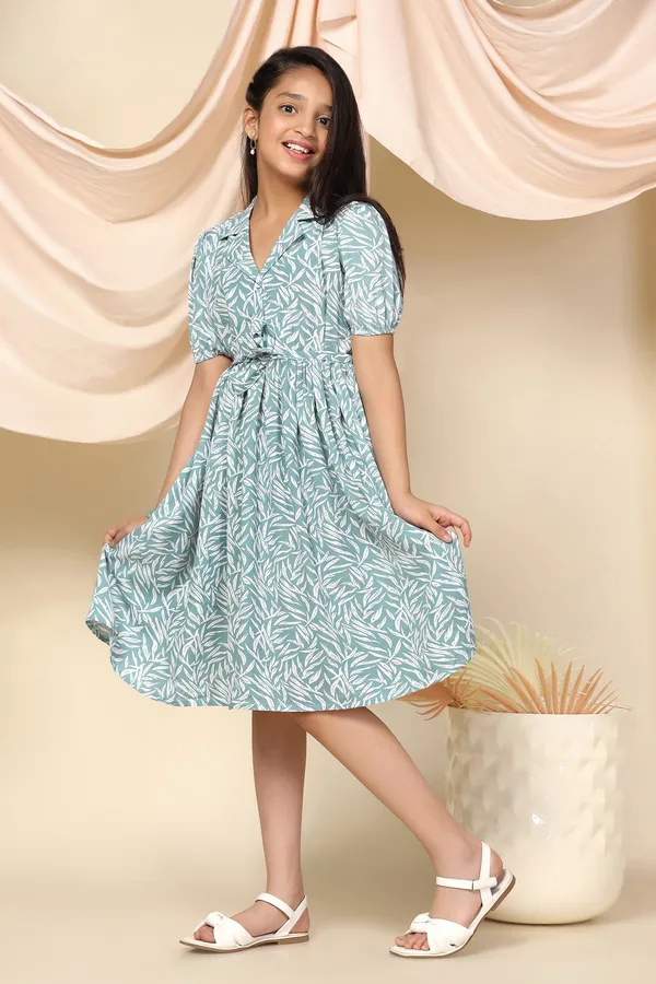 Sea_Green_Bsy_Leaf_Printed_Fit_And_Flare_Knee_Length_Dress_For_Girls