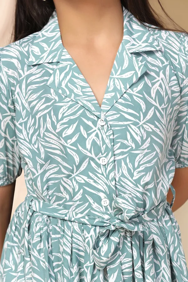 Sea_Green_Bsy_Leaf_Printed_Fit_And_Flare_Knee_Length_Dress_For_Girls