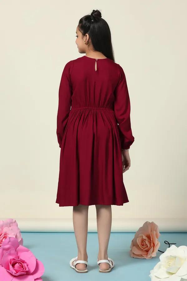 Maroon_Rayon_Embroidered_Fit_And_Flare_Knee_Length_Dress_For_Girls