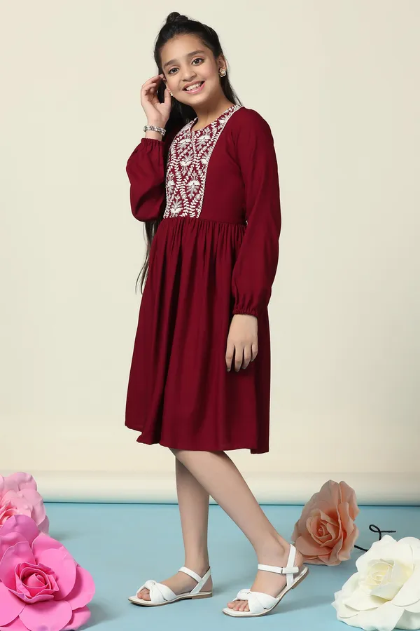 Maroon_Rayon_Embroidered_Fit_And_Flare_Knee_Length_Dress_For_Girls