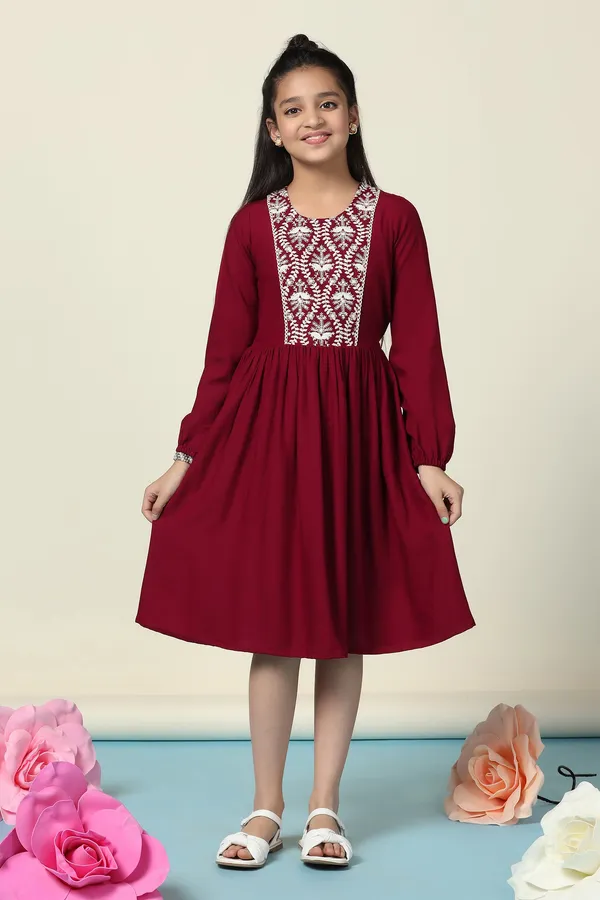 Maroon_Rayon_Embroidered_Fit_And_Flare_Knee_Length_Dress_For_Girls