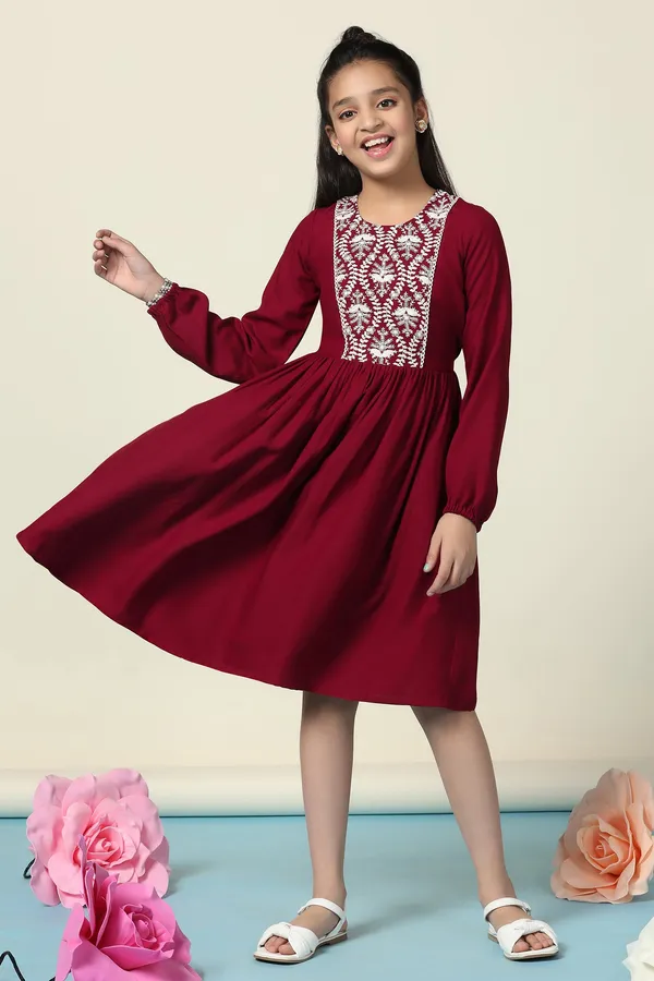 Maroon_Rayon_Embroidered_Fit_And_Flare_Knee_Length_Dress_For_Girls