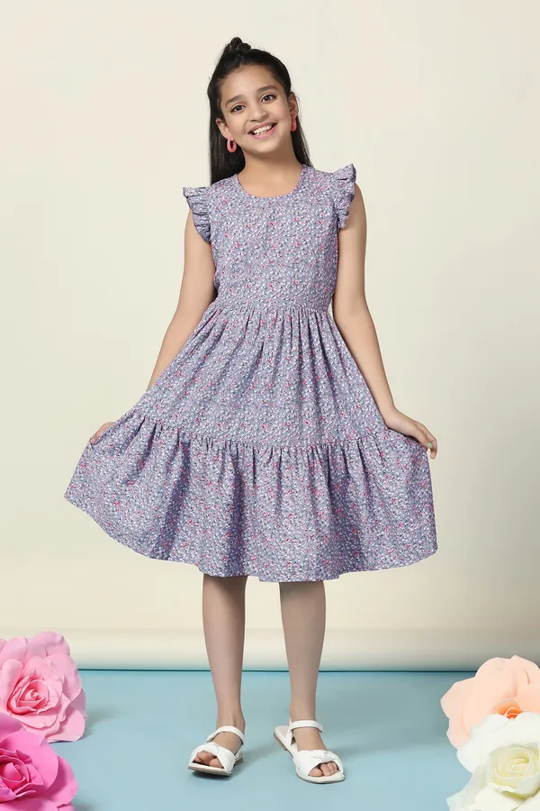 Grey_Bsy_Floral_Printed_Tiered_Knee_Length_Dress_For_Girls