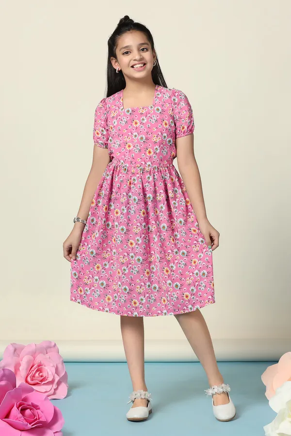 Pink_Lexus_Checks_Floral_Printed_Fit_And_Flare_Knee_Length_Dress_For_Girls