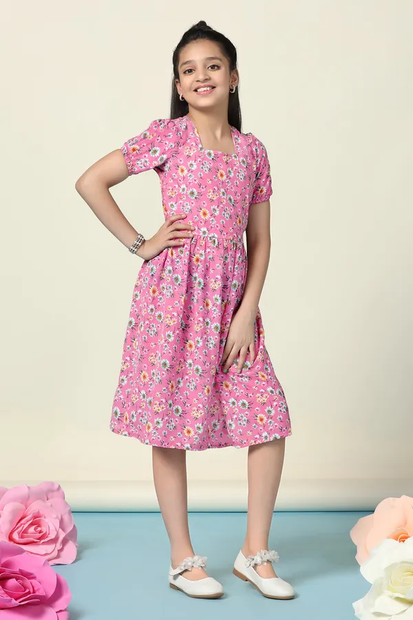 Pink_Lexus_Checks_Floral_Printed_Fit_And_Flare_Knee_Length_Dress_For_Girls
