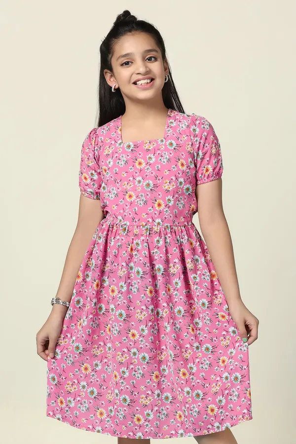 Pink_Lexus_Checks_Floral_Printed_Fit_And_Flare_Knee_Length_Dress_For_Girls