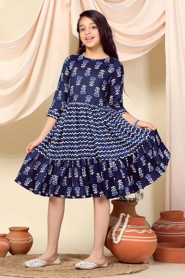 Blue_Slub_Floral_Printed_Knee_Length_Dress_For_Girls