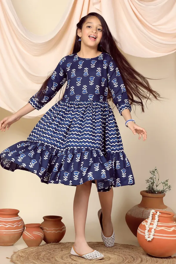 Blue_Slub_Floral_Printed_Knee_Length_Dress_For_Girls