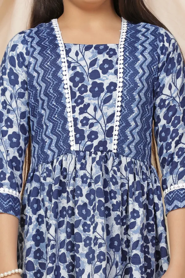 Blue_Slub_Floral_Printed_Knee_Length_Dress_For_Girls