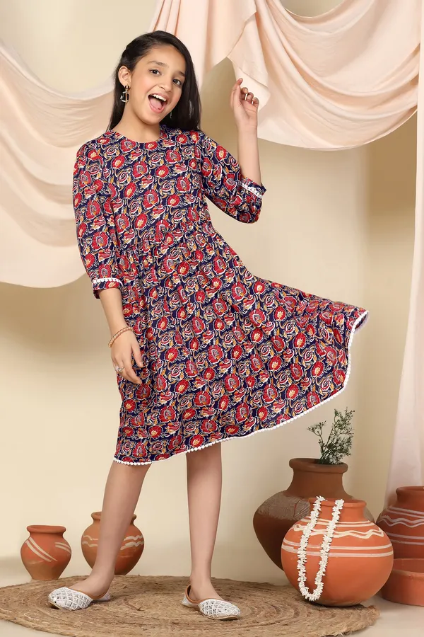 Blue_Slub_Floral_Printed_Knee_Length_Dress_For_Girls