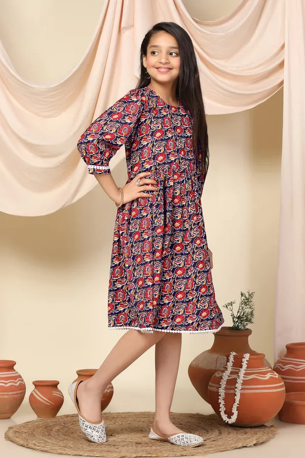 Blue_Slub_Floral_Printed_Knee_Length_Dress_For_Girls