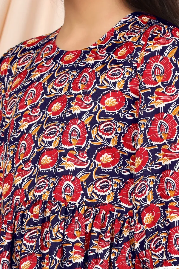 Blue_Slub_Floral_Printed_Knee_Length_Dress_For_Girls