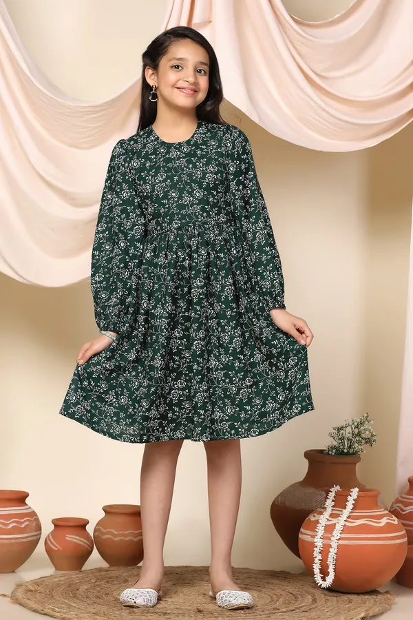 Green_Slub_Cotton_Floral_Printed_Knee_Length_Dress_For_Girls