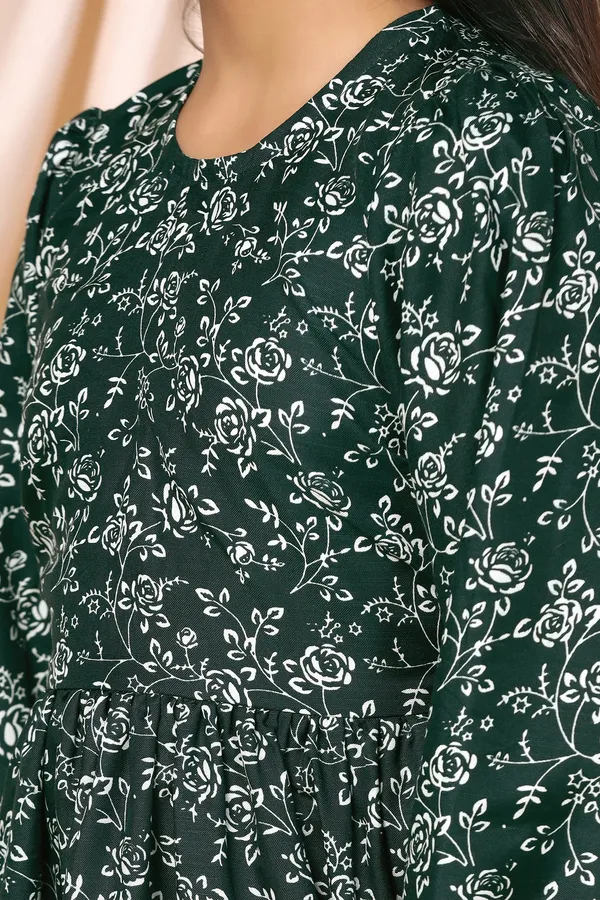Green_Slub_Cotton_Floral_Printed_Knee_Length_Dress_For_Girls