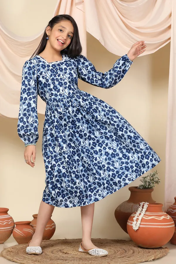 Blue_Slub_Floral_Printed_Calf_Length_Dress_For_Girls
