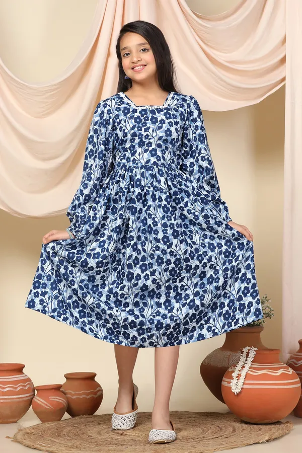 Blue_Slub_Floral_Printed_Calf_Length_Dress_For_Girls