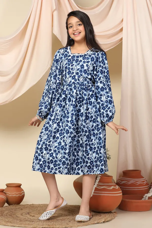 Blue_Slub_Floral_Printed_Calf_Length_Dress_For_Girls