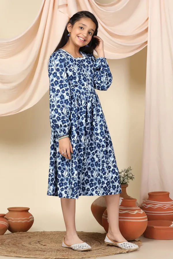 Blue_Slub_Floral_Printed_Calf_Length_Dress_For_Girls