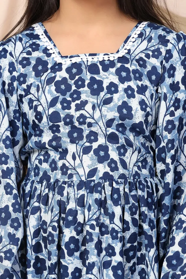Blue_Slub_Floral_Printed_Calf_Length_Dress_For_Girls