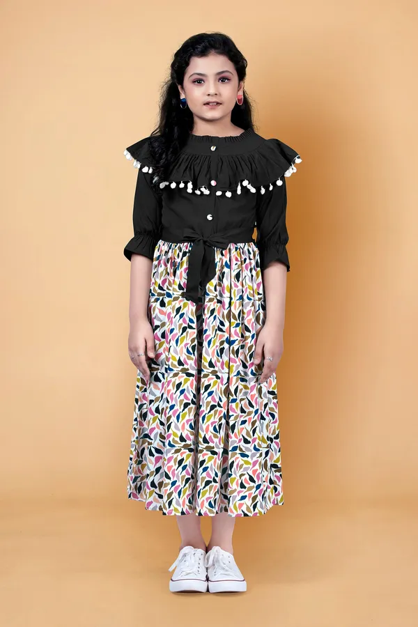 Black_Crepe_Printed_Calf_Length_Dress_For_Girls